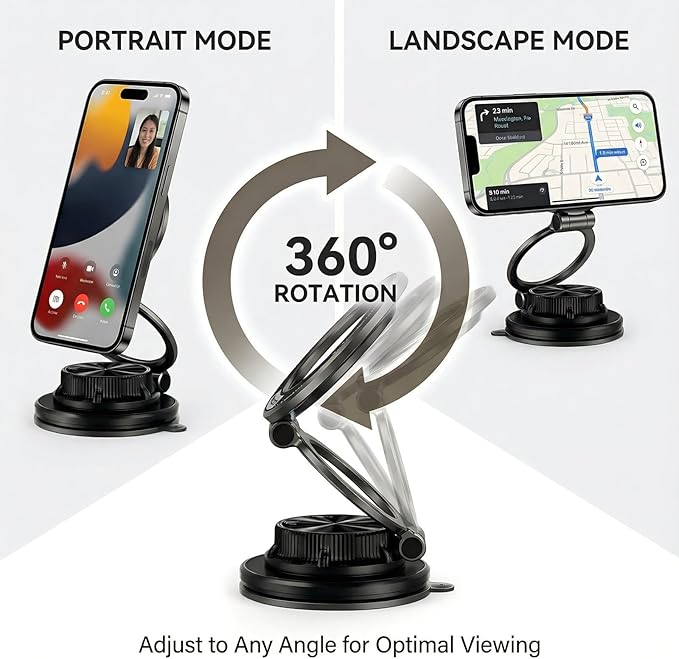 makecatch Vacuum Magnetic Car Phone Mount, 120+LB N55 Magnet (3000gf) Dashboard & Windshield Holder with Ultra-Stable Suction Cup, Foldable 0.83in Compact Car Mount for iPhone Samsung –Black