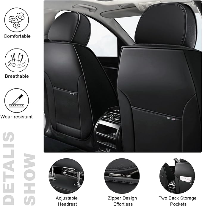 AREKA 5 Car Seat Covers for Honda Civic 2002-2026 Breathable Leather,Waterproof Car Seat Protectors with Comfort Headrest Pillows,Automotive Vehicle Cushion with Storage Pockets (Luxury,Black)