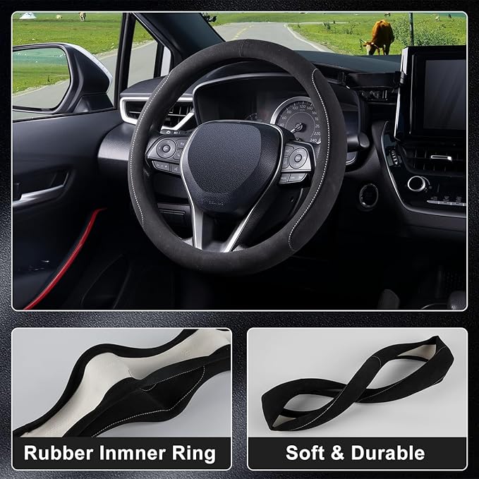COFIT 15 inch Microfiber Suede Car Steering Wheel Cover, Universal Anti-Slip Grip Protector for SUV Truck, Black