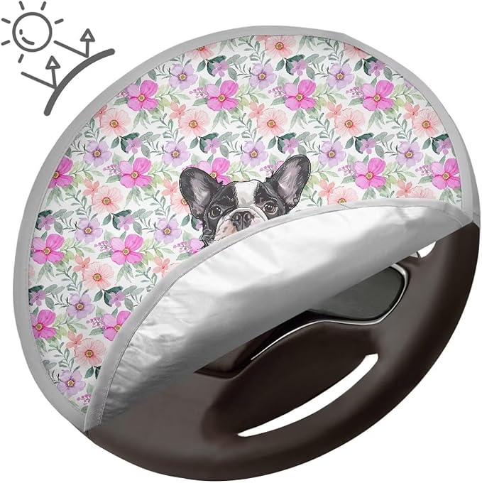 Retro Floral Boston Terrier Dog Pattern Washable Steering Wheel Sun Shade, Steering Wheels Accessories for Women Universal Block UV Rays Car Rudder Visor Fit Most Car SUV Truck Van