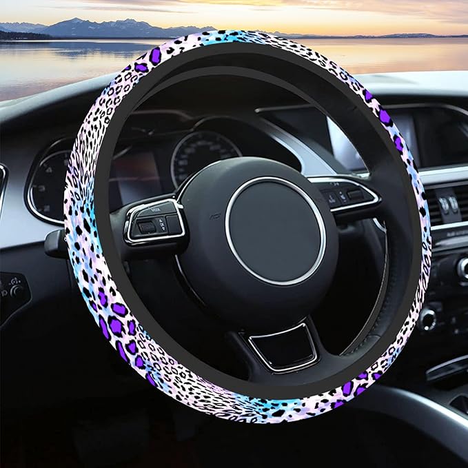 Car Steering Wheel Cover for Women Men, Non-Slip Breathable Cute Steering Wheel, Purple Leopard Steering Wheel Protector, Car Accessories, Universal 14" 02/2-15" Fit Auto, Suvs