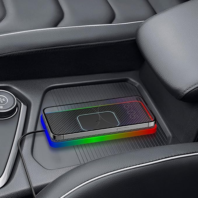 RGB Wireless Car Charging Pad, 20W Non Slip Magnetic Fast Charger for Car with Auto Match Function, for iOS 11/12/14/15/16/17
