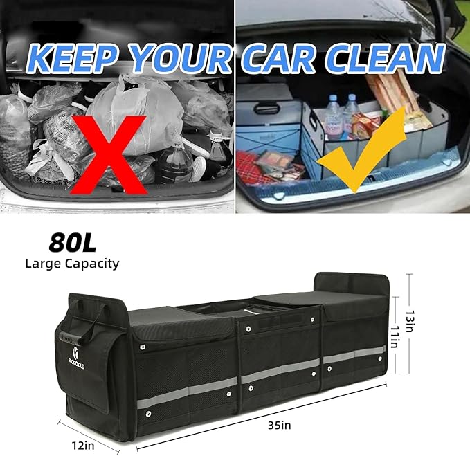 ROCK CLOUD Car Trunk Organizer with Cooler Bag Vehicle Organizers Storage Multi Compartments Collapsible for Auto SUV Truck Minivan Sedan