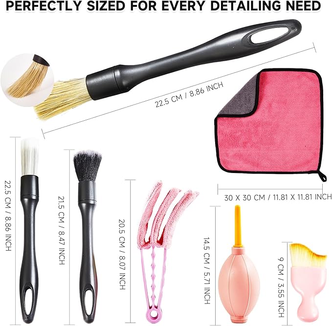Car Detailing Brush Set, 8PCS Pink Auto Cleaning Kit – Soft Bristle Brushes, Dust Blower, Cleaning Gel, Microfiber Towel – for Interior & Exterior, Dashboard, Air Vents, Wheels, Car Cleaning Supplies