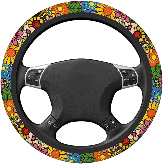 Hippie Flower Neoprene Steering Wheel Cover for Men Women Anti-Slip Elastic Steering Wheel Protective Cover 15in Universal Car Accessories Fit Cars, SUVs, Auto