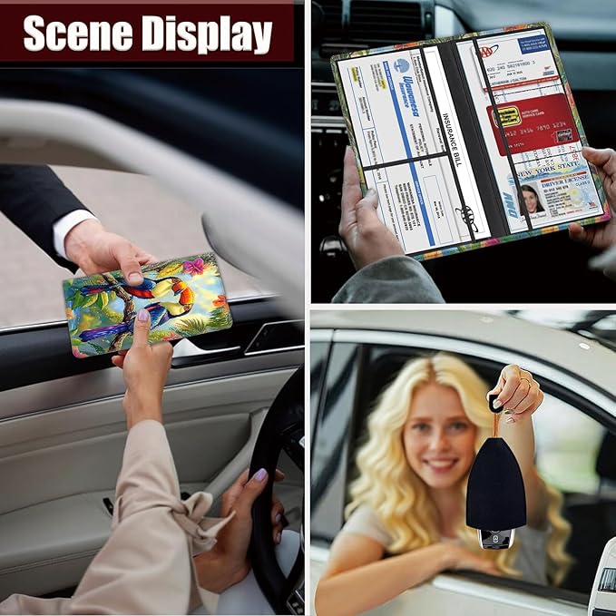 Car Document Holder with Magnetic Shut, Car Registration and Insurance Card Holder, Vehicle Glove Box Organizer Documents, Driver License, Auto Paperwork Organizer Wallet, Colorful Bird In Rainforest