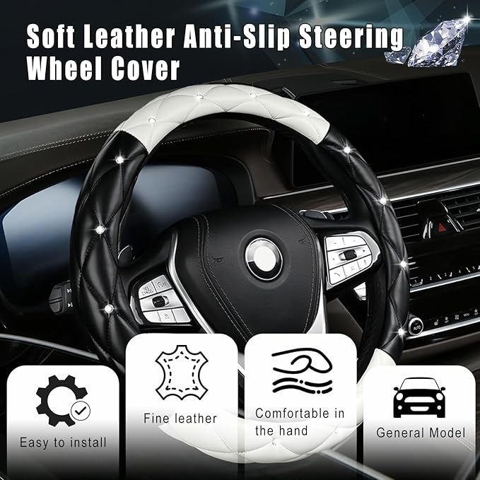 Diamond Leather Steering Wheel Cover Women, Girly Bling Steering Wheel Cover, Sparkly Non-Slip Soft, 15 Inch Interior Accessories for Women Girls Vehicle, Black & White