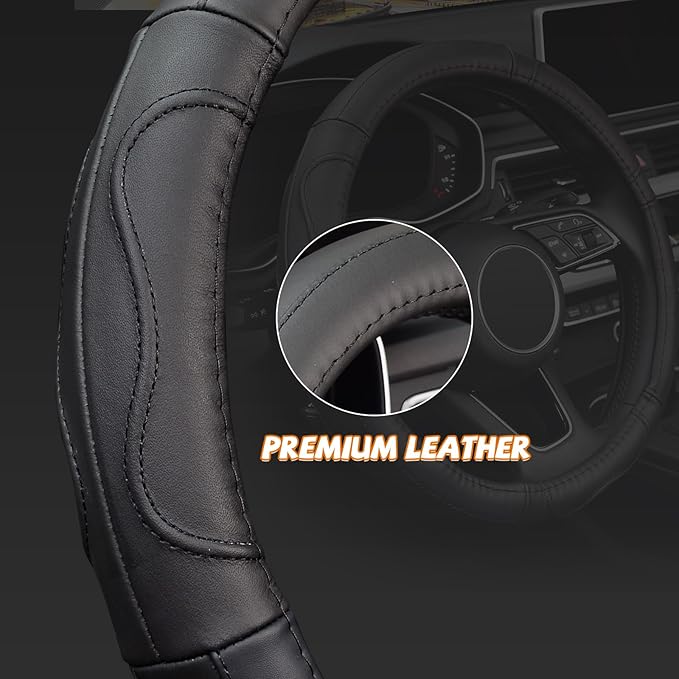 KAFEEK Steering Wheel Cover, Universal 15 inch, Microfiber Leather, Anti-Slip,Odorless, Black Lines