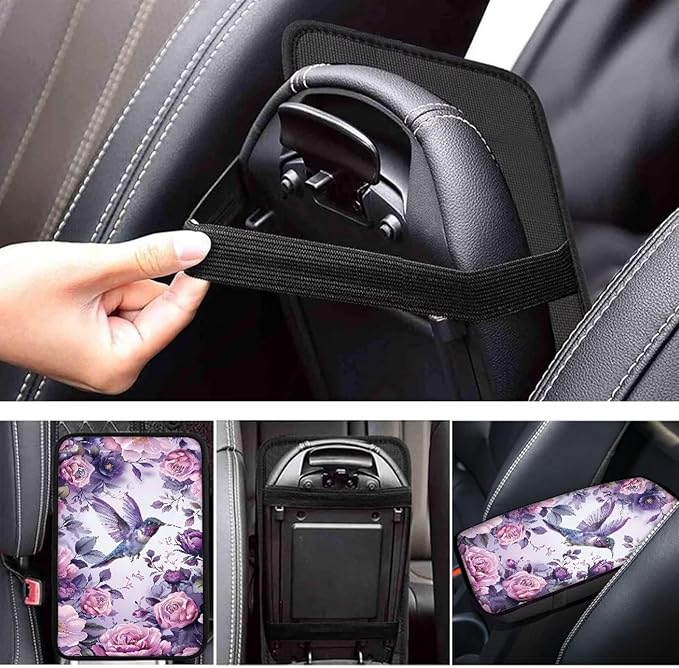 Hummingbird Purple Floral Print Auto Center Console Cover Arm Rest Cover for SUV Truck,Soft Car Arm Rest Cover Universal Fit