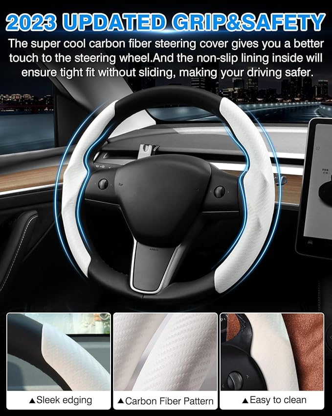 Shademax Custom for Tesla Steering Wheel Cover, Tesla Model Y 2020-2025/ Model Y Juniper 2026/ Model 3 2017-2025 2026 (Fit Model 3 Highland) Carbon Fiber Steering Wheel Cover Model Y/3 Accessories