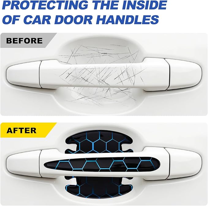 8 Pcs Car Door Handle Sticker, 3D Honeycomb Pattern Car Door Cup Protector, Universal Anti Scratches Auto Doors Handle Protective Film (Black Blue)