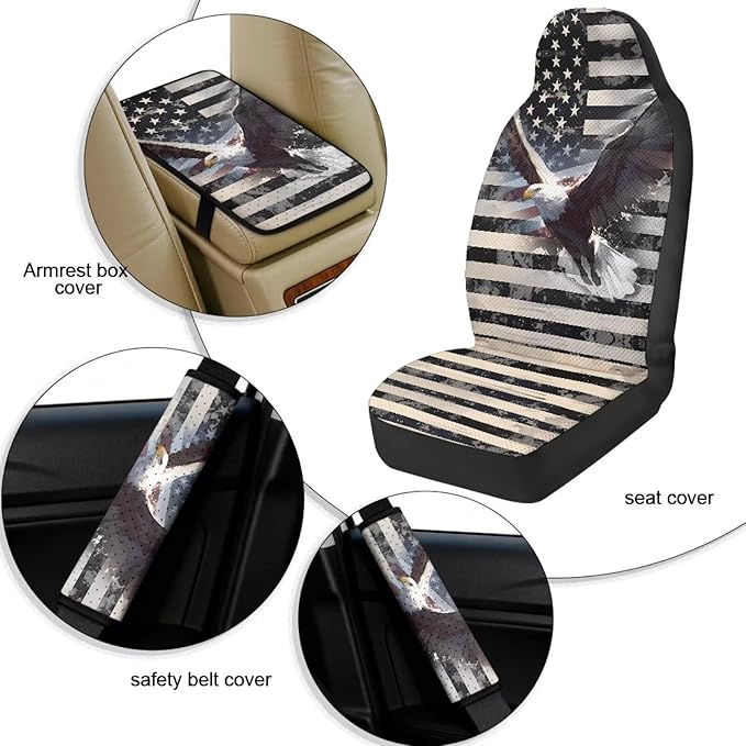 Oramclsy American Flag 5 Pack Auto Accessories Set Eagle Car Seat Covers Full Set + Heavy Duty Armrest Pad + Car Seat Belt Pads Universal Size Accessories