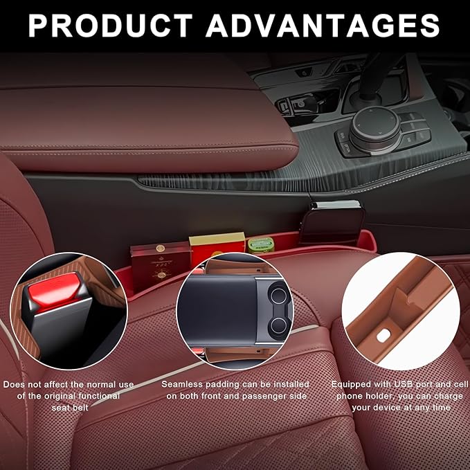 2 PCS Car Seat Gap Filler Organizer, Multifunctional Auto Side Seat Gap Filler Phone Holder, Universal Vehicle Storage Box Fill Gap Space Between Seats and Console (Dark Brown)