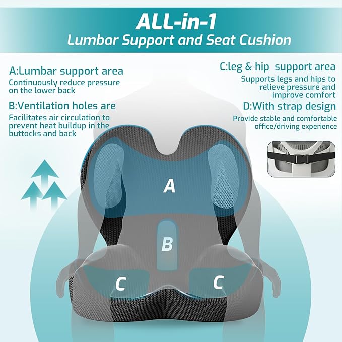 Memory Foam Seat Cushion with Lumbar Support Pillow,Office Chair Cushion,Ergonomic Car Seat Cushion,Designed for Tailbone,Sciatica,Back Pain Relief,for Office,Car,Truck,Desk Chair (Black Mesh Cloth)