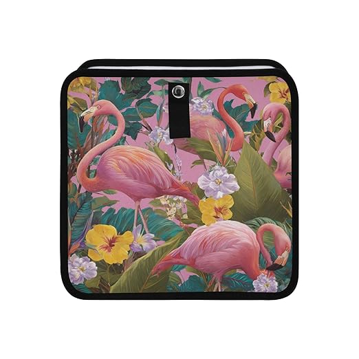 Car Trash Can Organizer Bin with Adjustable Strap for Back Front Seat Console Waterproof Leakproof Collapsible Portable 8.66 Inch Pink Romantic Tropical Flamingo and Plants
