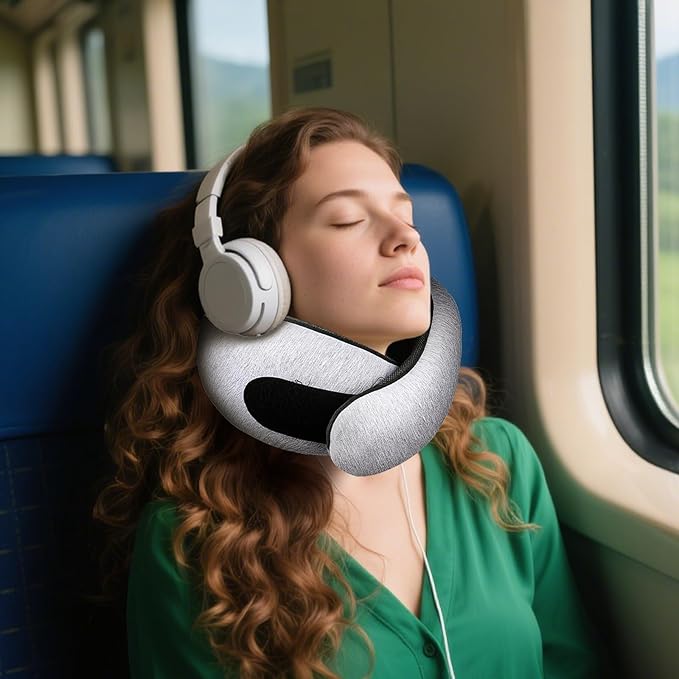 GongPath Travel Neck Pillow for Airplanes, 100% Memory Foam Neck Pillow for Sleeping, 360° Neck Support Pillow, Compact and Ergonomic Design for Travel, Car Rides, Airport (Light Grey)