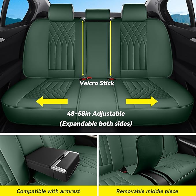 GEZHOUBA Green Car Seat Covers Full Set, Full Coverage Luxury Leather Green Seat Covers for Front and Rear Car Seats Waterproof Anti-Slip Cover Set Universal Fit for Most 5-Seater Cars SUVs
