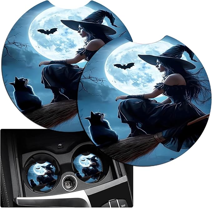 JANENFNA Car Armrest Cover Pads Universal Fashion Cute Auto Center Console Armrest Cover Pad with 2PCS Car Coasters Soft Waterproof Car Armrest Seat Protector for Women,Beautiful Witch