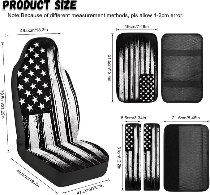 Qeluxign American Flag PU Leather Car Seat Cover Set of 5 Auto Accessories 2 Front Bucket Seat Covers, 2 Seatbelt Pads & 1 Armrest Cover, Easy to Install