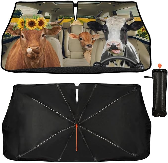 DOPINDU Cow Print Car Windshield Sun Shade Umbrella Bendable Handle Foldable Funny Sunshade for Car Windshield Block UV Rays Keep Vehicle Cool for Most Sedans SUV Trucks Cars 57"x30"