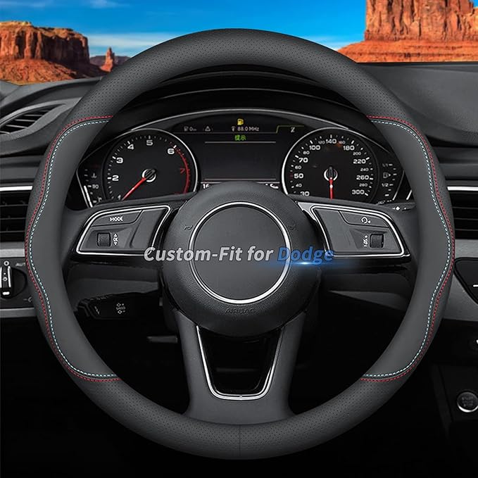 Custom-Fit for Dodge Steering Wheel Cover, Premium Leather Car Steering Wheel Cover with Logo, Non-Slip, Breathable, for Dodge Accessories (A-Style,for Dodge)