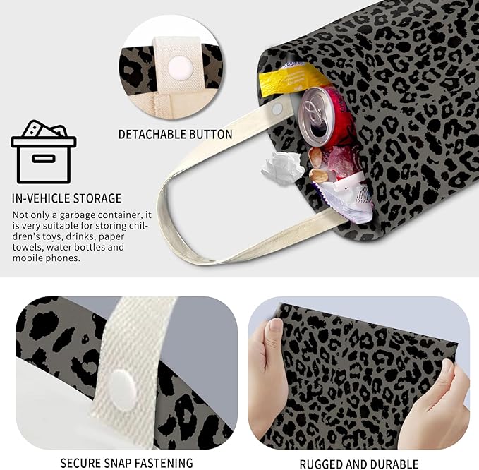 AXZOPDE Cute Car Trash Can, Hanging Canvas Car Back Seat Organizer and Storage Bag, Funny Car Trash Bag for Travelling, Outdoor Cute Gray Leopard