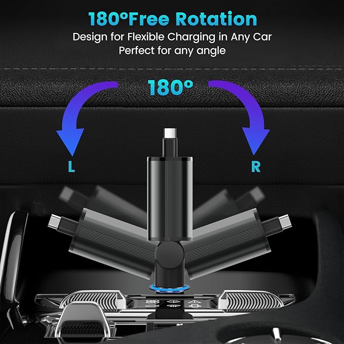 Car Charger USB C Fast Charging, 78W Cigarette Lighter Adapter, Retractable Car Charger for Travel Essentials for iPhone 16/15/14/13/12/11,Galaxy,Pixel, for Car Accessories Black
