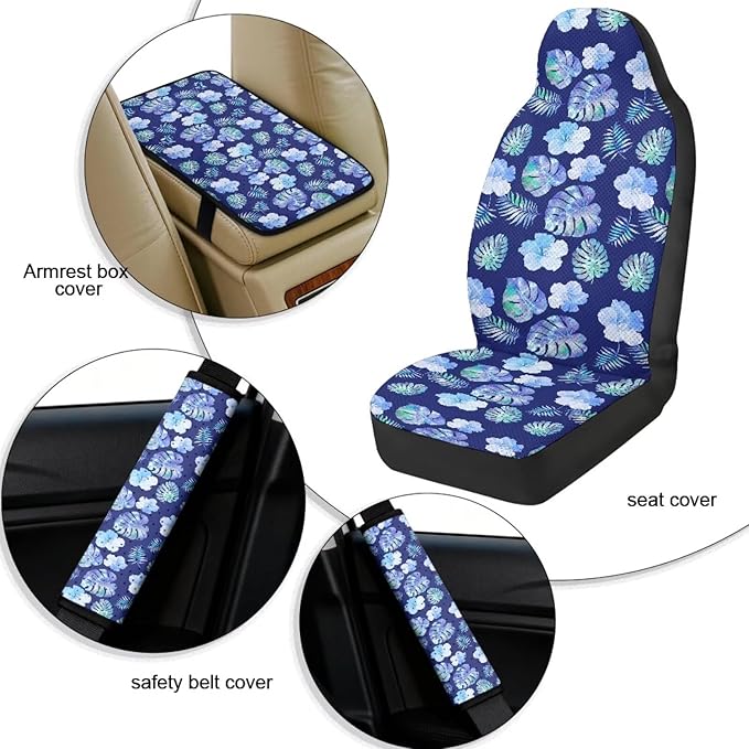 FUSURIRE 5 PCS Tropical Palm Leaf Car Accessories Set-PU Front Seat Covers, Seat Belt Covers & Center Armrest Pad Universal Fit Car SUV Truck Van