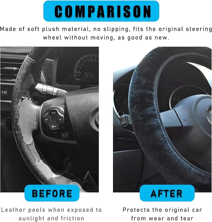 Augeny Fuzzy Car Steering Wheel Cover, Anti-Slip Soft Plush Steering Wheel Protector, 15 Inch Elastic Wheel Covers, Universal Vehicle Interior Winter Warm Accessories for Men Women (Black)