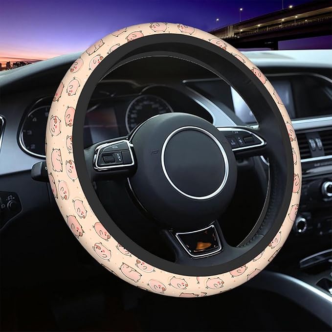 Swono Pig Cute Auto Car Steering Wheel Cover for Women Girls Funny Cartoon Cute Pigs Pink 15 Inch Steering Wheel Protector Case,Fits for Automotive Car SUV Sedans