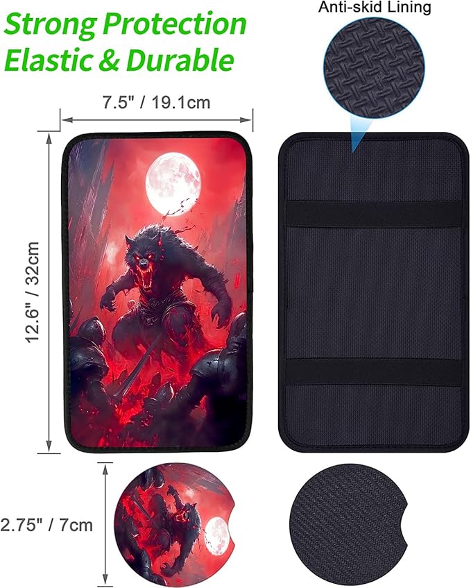 JANENFNA Car Armrest Cover Pads Universal Fashion Cute Auto Center Console Armrest Cover Pad with 2PCS Car Coasters Soft Waterproof Car Armrest Seat Protector for Women,Blood-Colored Giant Wolf