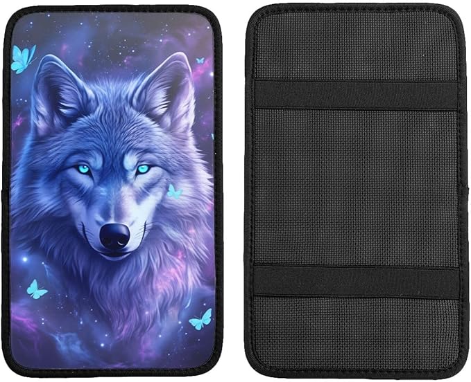 Universal Car Center Console Cushion Pad, Purple Wolf Butterfly Soft Waterproof Car Center Console Cover Auto Armrest Seat Box Cover Protector for Most Vehicle SUV Truck Car