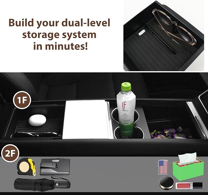 LEQEE Center Console Organizer Tray for Tesla Model Y Juniper Accessories 2025 2026 and Model 3 Highland Accessories 2024 2025 2026 for Tesla Accessories Cup Holder Matte Black (3PCS)