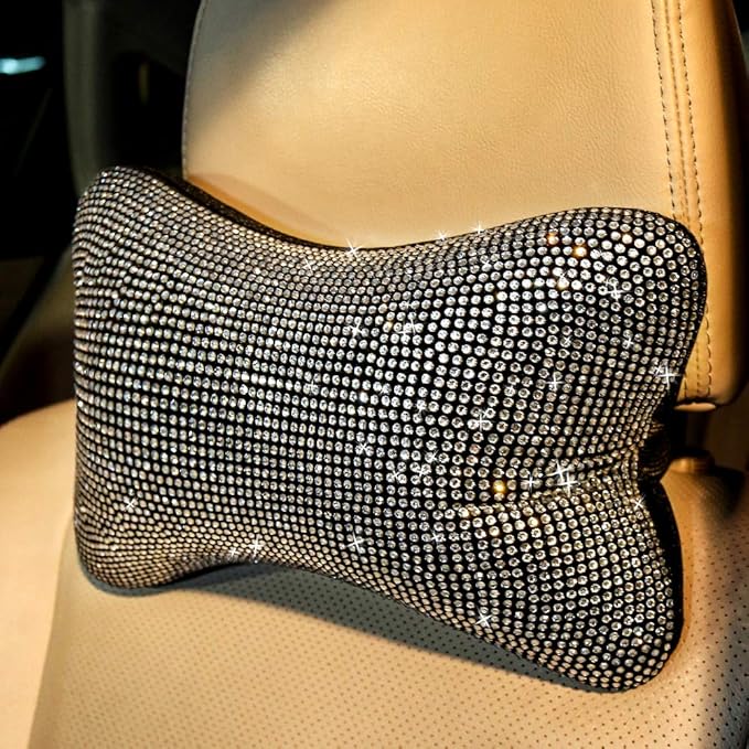 2 Pack Car Neck Pillow for Driving Seat Auto Headrest Cushion Head Rest Neck Support Relax Crystal Rhinestone Diamond Interior Bling Accessories for Women Girly Comfortable White
