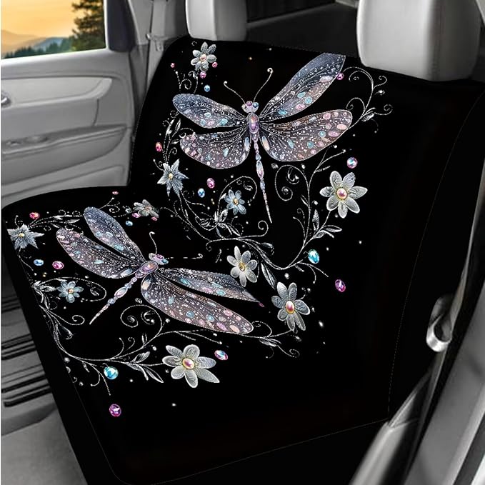 Dngkaoje Dragonfly Car Seat Covers Full Set 13 Pack Women Auto Interior Seat Protective for Front and Rear Art Dragonfly Car Accessories for Ladies Girly Hanging Trash Bag,Seatbelt Pads,Armrest Pad