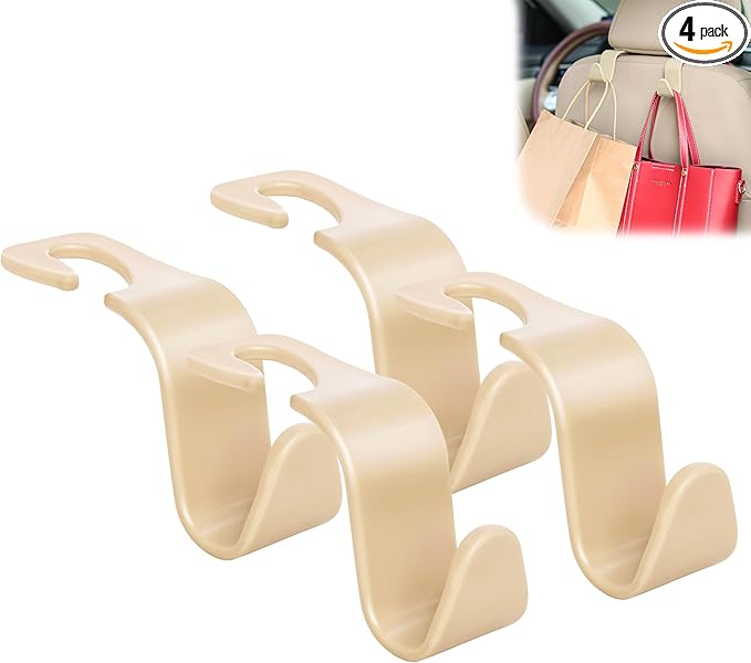 Amooca Universal Multifunctional Car Vehicle Headrest Hook, Organizer Hanger Storage Hook for Bag Purse Cloth Grocery (Beige Set of 4)