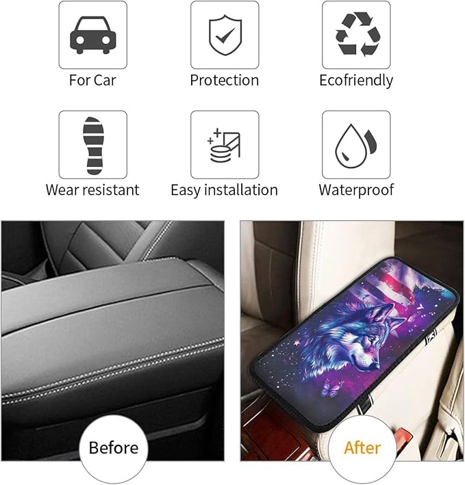 Universal Car Center Console Cushion Pad, Purple Wolf Flag Soft Waterproof Car Center Console Cover Auto Armrest Seat Box Cover Protector for Most Vehicle SUV Truck Car