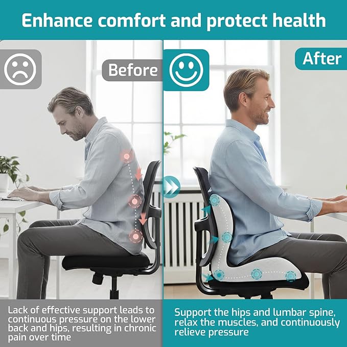 Memory Foam Seat Cushion with Lumbar Support Pillow,Office Chair Cushion,Ergonomic Car Seat Cushion,Designed for Tailbone,Sciatica,Back Pain Relief,for Office,Car,Truck,Desk Chair (Black Grey)