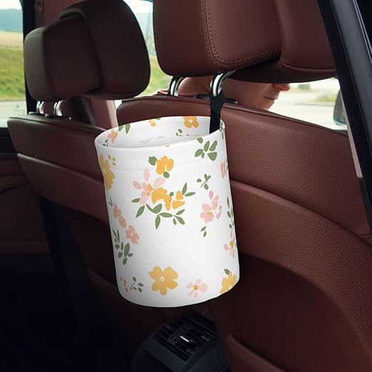 Car Trash Can Hanging, Yellow Floral Fragments Waterproof Auto Garbage Bin Universal Vehicle Waste Container, 3.5L Capacity