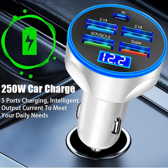 5 Port USB Car Charger, 250W Super Fast Charging Cigarette Lighter Adapter with LED Voltage Monitor, 4USB+Type C Multi Port Car Accessories Interior Compatible with Most Smart Phone (White)
