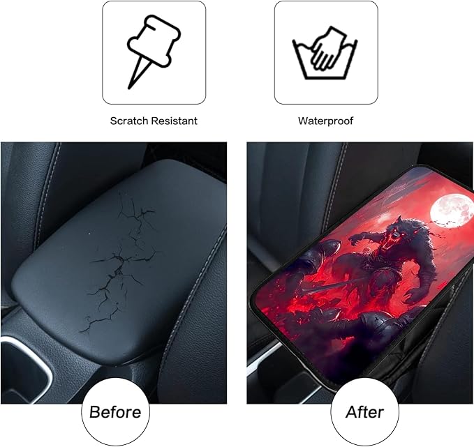 JANENFNA Car Armrest Cover Pads Universal Fashion Cute Auto Center Console Armrest Cover Pad with 2PCS Car Coasters Soft Waterproof Car Armrest Seat Protector for Women,Blood-Colored Giant Wolf