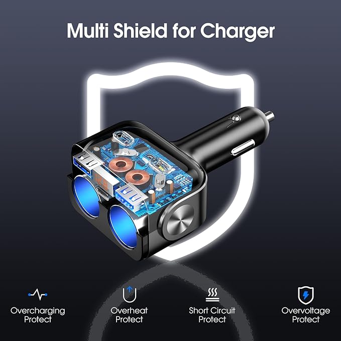 5 in 1 Car Cigarette Lighter Splitter, BUVAYE Dual QC3.0 and 30W PD USB C Cigarette Lighter Adapters for Cars 12V/24V 180-degree Adjustable Car Charger Adapter for iPhone/iPad/GPS/Dash Cam/Laptop
