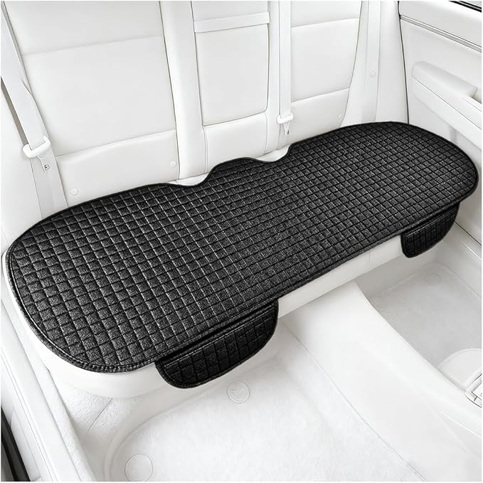 Car Back Seat Cover, Long Bottom Vehicle Rear Seat Protector with Storage Pockets, Breathable Linen Automotive Backseat Bench Cushion Pad Accessories, Universal for SUV Trucks (Black)