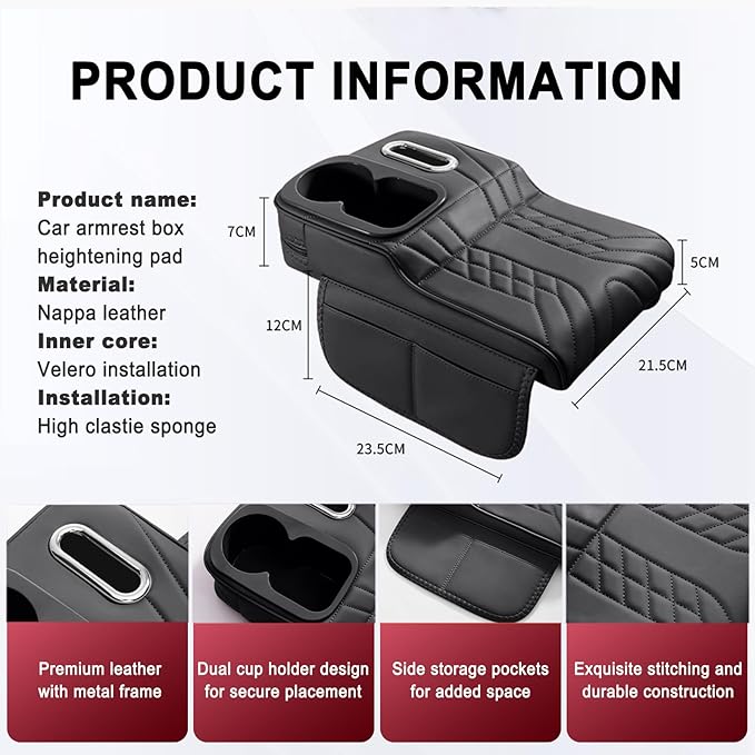 Car Armrest Storage Box for Infiniti QX60 2013–2025 2020 2021 2022 2023 2024, Sport-Style Center Console Organizer with Side Pocket, PU Leather Armrest Cushion, Elbow Support Pad,B White