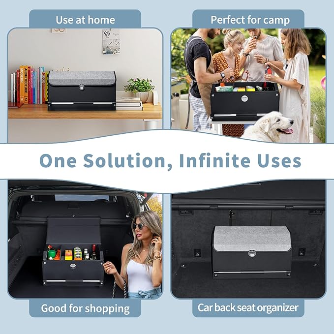XCF Car Trunk Organizer, Leather Trunk Organizer with Push-pull Handle and Lid Car Trunk Storage Organizer for SUV, Minivan, Truck (Grey, 20.47 x 11.42 x 12.2in)