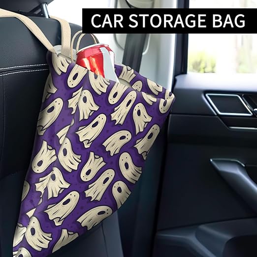 ABUIFDK Car Trash Can, Cute Car Trash Bag, Hanging Car Organizer and Storage Bag, Trash Bin for Car Accessories, Vehicle, Travelling, Camping Cute Purpule Ghost