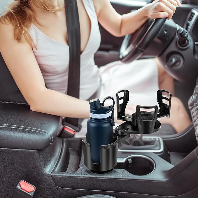 Car Cup Holder Expander, Universal 2 in 1 Large Cupholder Expander Adapter for Car with Adjustable Base, Fits Large Bottles, Snack, Drinks Cups, Black