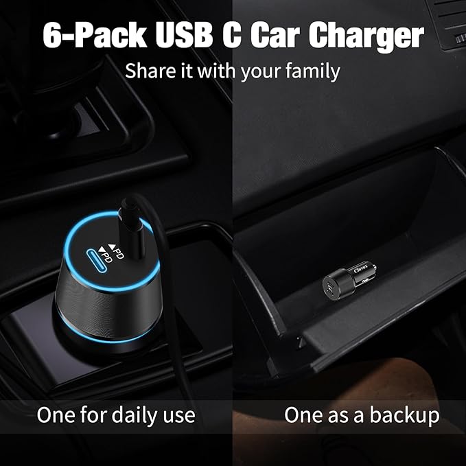 6 Pack USB C Car Charger, 40W Fast Charging for iPhone 17/16 Pro Max/Plus/16 SE/15/14, Samsung Galaxy S25 Ultra/S24/S23/S22/A16/A15/A55, Google Pixel 9, Dual 20W Type C Port Cigarette Lighter Adapter