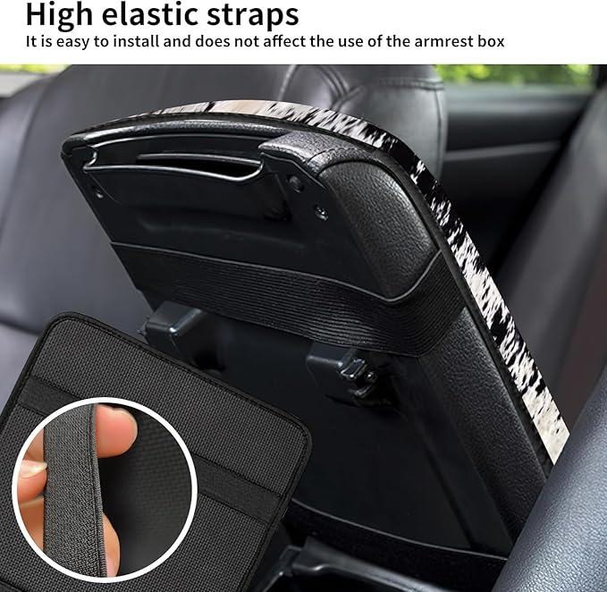Car Center Console Cover, Universal Soft Large Neoprene Auto Armrest Seat Box Cover, Funny Car Decor Accessories Fit for Most Cars, Vehicles, SUVs Black White Cowhide