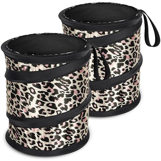 Kincown Car Trash Can, 2 Packs Mini Collapsible Car Trash Bin for Front Back Seat, Pop up Car Garbage Can, Portable Car Trash Bag Hanging for Vehicle SUV Rv Truck Accessories Interior, Leopard Print